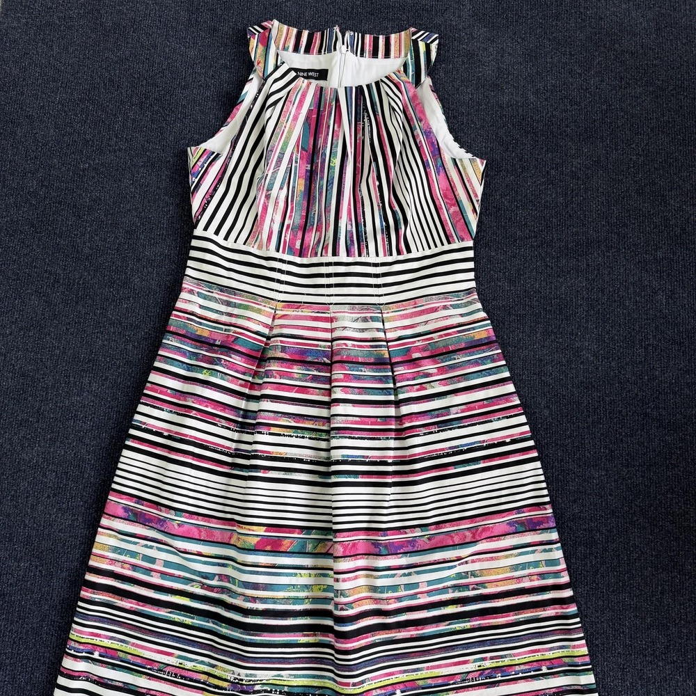 Nine West Dress Womens 6 Multicolor Striped Fit Flare Knee Length Pockets